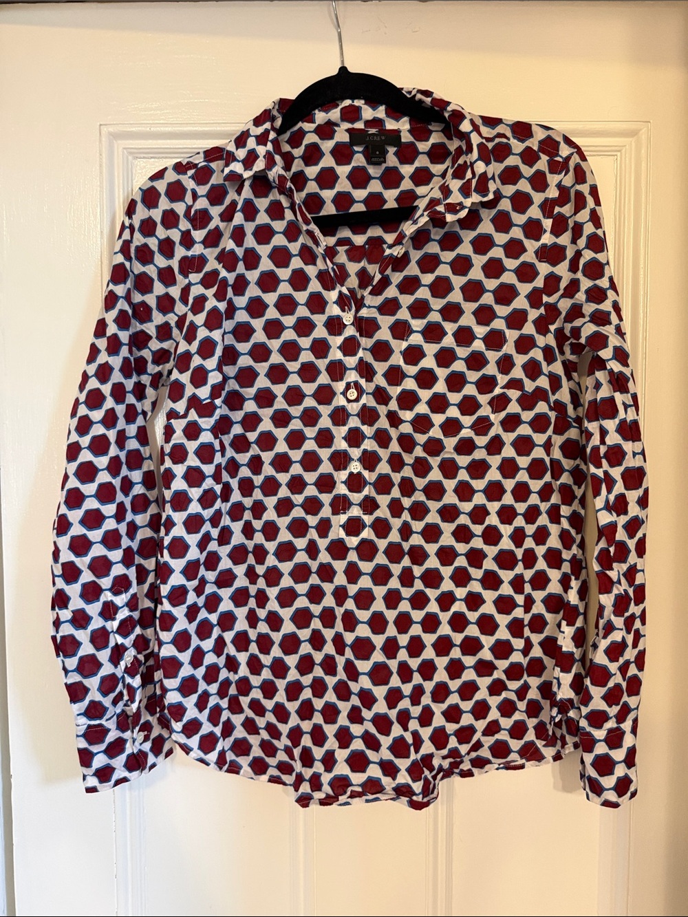 J. Crew Burgundy Blue and White Geometric Popover Collared Shirt size 6  Cotton